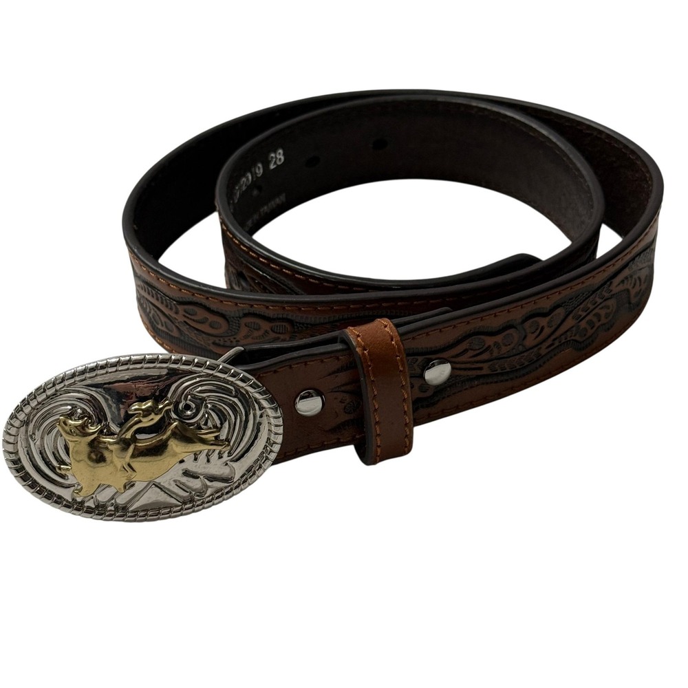 Nocona Belt Co Western Belt‎ Mens 28 Brown Tooled Leather Bull Rider Buckle